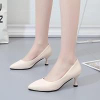 米白色 35 4cm高跟鞋女软皮女不磨脚猫跟舒适米白色礼服伴娘尖头单鞋工作ol