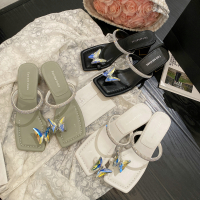 浅绿色 35 小众设计!巨舒服~法式粗跟闪钻蝴蝶结一字带水钻夹趾高跟凉鞋女