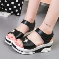 黑色 35 平底女凉鞋百搭学院风时尚露趾魔术贴中跟鞋鱼嘴坡跟松糕底罗马鞋