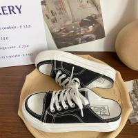 黑色 35 小众原创鱼嘴露指半拖帆布鞋女夏季一字拖凉鞋ins潮超火小白鞋子