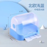 半翻盖带抽水盘 浅蓝中号(新款 厨房装碗筷餐具收纳盒带盖家用放碗柜沥水杯架子调味料防尘置物架
