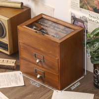 玻璃六格二抽屉 木盒复古玻璃带翻盖首饰饰品收纳盒实木桌面木制带抽屉护肤品香水