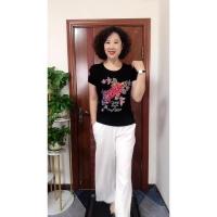 粉色花 粉枫叶 XL 105-120斤(建议体重) 女士短袖无领黑色T恤衫夏季妈妈装重工烫钻洋气宽松显瘦减龄小衫