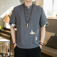 [A08]灰色 M [参考体重95-115斤] 亚麻短袖t恤男宽松薄款中国风男装半袖刺绣上衣大码夏季棉麻唐装