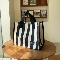 横款-黑色 韩版条纹手提袋大号购物袋大容量勋水饭盒袋妈咪包学生手拎帆布袋