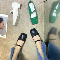黑色 35 方头蝴蝶结玛丽珍单鞋女夏黑色温柔风小皮鞋小众一字扣粗跟奶奶鞋