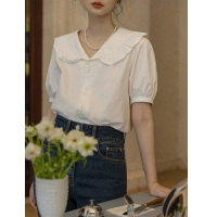 白色 S 白色娃娃领短袖衬衫女夏季薄款别致法式设计感小众复古木耳边上衣