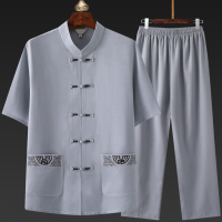 口袋绣花蓝灰套装 39 90-120斤 中老年唐装男士爷爷夏季短袖老人衣服中国风棉麻套装爸爸夏装衬衫