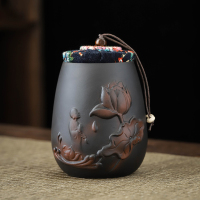 紫陶莲韵 紫砂陶茶叶罐便携式小号旅行茶迷你复古普洱浮雕散醒茶罐密封罐