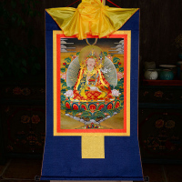 蓝色本色 长35cm 上宽20cm 下宽27cm 藏式装裱布 拼套 佛缘汇莲花生大士佛像唐卡装饰画西藏镀金烫金客厅壁画印