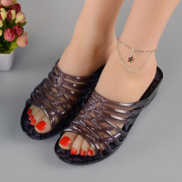 黑色 36 适合35脚 果冻色透明水晶塑料坡高跟凉拖鞋女夏厚底老式熟胶拖鞋室外半拖鞋