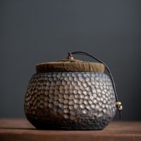 粗陶锤纹茶叶罐-鎏金釉 日式粗陶锤纹装茶叶的罐子高端鎏金存茶罐家用陶瓷普洱密封罐大号
