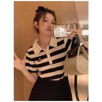 上衣 S 学院风樱桃刺绣条纹短袖正肩T恤女夏季小个子短款Polo衫套装上衣