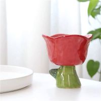 红色 陶瓷花朵杯杯子复古设计手捏不规则手绘花朵形态茶水麦片碗甜品
