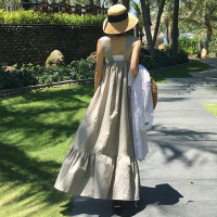 灰色 S 棉麻连衣裙韩版过膝长款宽松大码荷叶边无袖吊带裙休闲学生背带裙