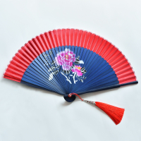 蓝骨大红牡丹(送流苏) 古典中国风女式随身折扇蹦迪舞蹈扇子汉服易开合旗袍儿童拍摄道具