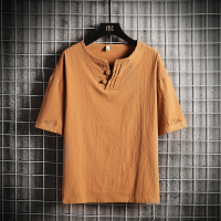 卡其色 5XL 亚麻短袖t恤男V领宽松半袖中国风唐装男潮牌复古潮流胖子棉麻男装