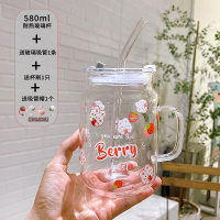 草莓兔子(带盖送吸管) 大容量水果玻璃杯可爱吸管杯女生夏高颜值带盖家用耐高温喝水杯子