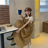 卡其色 M(95-105斤) 夏季大码胖mm遮肚显瘦背带港味复古chic设计感微胖女生连衣裙子女