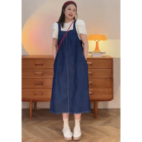 深蓝色 1码 晶咕晶晶宠粉胖mm港风复古牛仔背带裙女夏大码宽松显瘦遮肉连衣裙