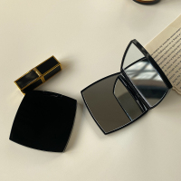 圆弧形-亮黑色 约7cm*7cm 小香风黑色镜子随身化妆镜手持双面小镜子放大补妆镜包包便携折叠