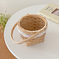 蕾丝边手提花篮 小 蕾丝边手工编织花篮收纳篮子ins田园风装饰手提花篮野餐面包提篮