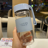 蓝色480ml 5763 高硼硅玻璃杯耐热防爆带提绳便携茶隔泡花茶杯子单层商务男女水杯