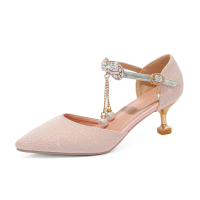 粉红色 39 内长24.5CM 儿童凉鞋女大童公主水晶鞋尖头包头钢琴表演出亮片小孩细跟高跟鞋