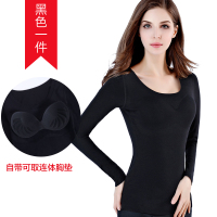 [黑色]自带可取胸垫 真德绒 M 适合体重80至105斤 带胸垫一体绒发热保暖长袖女加绒防寒塑身大码打底德绒内衣上衣