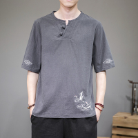灰色 M 95-115斤 亚麻t恤男中国风棉麻短袖刺绣上衣夏季宽松薄款复古盘扣唐装体恤