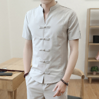 966[单上衣]米色 M 80-100斤 中国风男士短袖衬衫男装夏季复古盘扣唐装休闲亚麻九分裤开衫套装