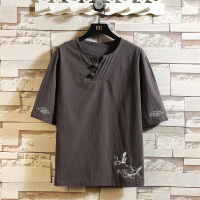 灰蓝 M (90至115斤可穿) 夏季亚麻短袖男中国风T恤大码胖子宽松棉麻上衣潮流刺绣半袖唐装