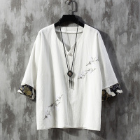 白色 M 100-120斤 亚麻短袖t恤男2022夏季薄潮牌盘扣高级感刺绣中国风唐装半袖上衣