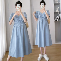 浅蓝色 M 孕妇连衣裙夏装潮妈怀孕衣服夏天孕妇装高级短袖孕妇裙子夏季薄款