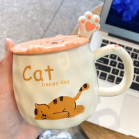 躺平猫(浮雕盖+猫爪勺) 马克杯带盖勺创意杯子陶瓷可爱办公室水杯高颜值家用情侣咖啡杯女