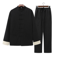 [黑色棉麻单层套装] 165/M 中国风唐装男士长袖外套套装中老年青年春秋冬季汉服盘扣居士服