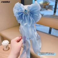 蓝色水钻鸭夹 儿童发夹女童古风蝴蝶结小花流苏发卡发饰假发辫头饰汉服配饰对夹