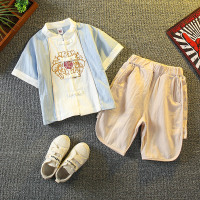 蓝色 100 男童夏季唐装套装复古汉服宝宝夏装中国风童装潮男孩棉麻改良民族