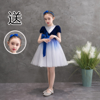 女童宝蓝短袖套装+发箍 110(适合105-114) 中小学生大合唱表演服儿童合唱团演出服幼儿园诗歌朗诵比赛服套装