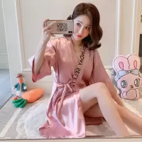 藕粉-(字母款) S 睡衣女夏天春秋款冰丝真绸睡裙袍浴袍夏季薄字母家居和服藕粉