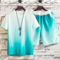 渐变绿套装 L 夏季棉麻套装男亚麻短袖t恤潮流休闲半袖唐装汉服中国风男装衣服v