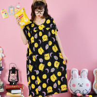 布_黑底月亮熊(RM裙) XXL 适合120斤以下女士 夏季女棉绸短袖睡裙加肥加大码胖MM薄款人造棉睡衣绵绸宽松家居裙