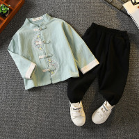 绿色[男] 100 儿童汉服春装唐装中国风男童棉麻套装复古女孩套裙古装六一演出服