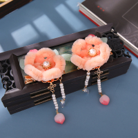 [寻桃]粉色对夹 汉服发夹秋冬绒花桃子对夹仙气流苏花朵边夹儿童古装配饰古风头饰