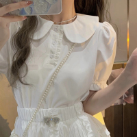 白色上衣 S 学院风日系娃娃领衬衫女短袖t恤设计感小众百搭洋气泡泡袖上衣夏