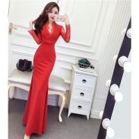 红色 S 睫毛蕾丝拼接V领性感蝴蝶结收腰包臀鱼尾长款连衣裙2022春季女装