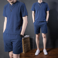藏青(上衣和短裤) M 棉麻套装男士大码夏季复古男装短袖t恤帅气薄款中国风休闲两件套