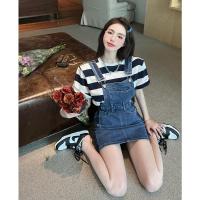 条纹T 均码 kumikumi时尚套装女黑白条纹短袖T恤夏季牛仔背带裙短裙子两件套