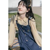 D56-[单件]衬衫 XS 牛仔背带裙套装女2022年复古宽松系带中长款绣花连衣裙衬衫两件套