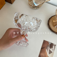 透明甜品杯 橘橙*ins复古浮雕琥珀色玻璃杯冰淇淋甜品杯家居摆件饰品收纳摆拍